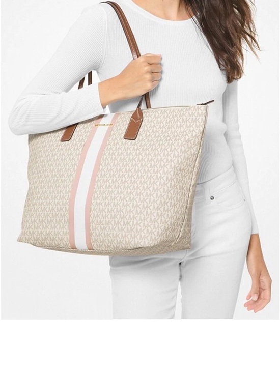Michael Kors Handbags - Michael Kors Cream and Pink Stripe Logo Tote